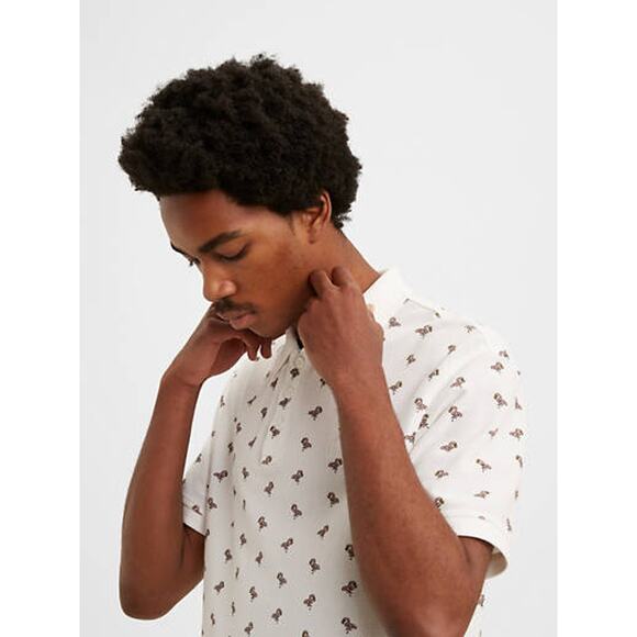 Levi's Cotton All Over Flamingo Print Chest Logo Polo Shirt Men S White/Pink NWT - Picture 2 of 9